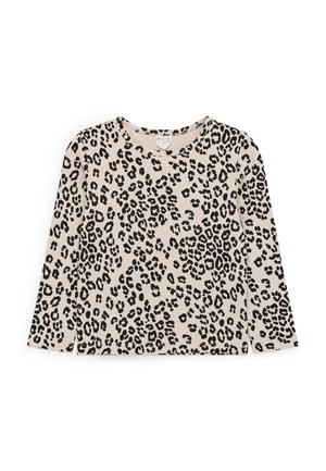 Camisa beige de manga larga con estampado irregular de leopardo negro, escote redondo y dobladillo recto.