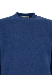 Maglione blu lavorato a maglia con scollatura rotonda, caratterizzato da una consistenza morbida e un design aderente. Il tessuto appare spesso e caldo.