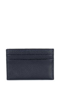 Marine leren kaarthouder met een gestructureerde afwerking, vier kaartsleuven en een netjes gestikte rand voor duurzaamheid. Minimalistische rechthoekige vorm.