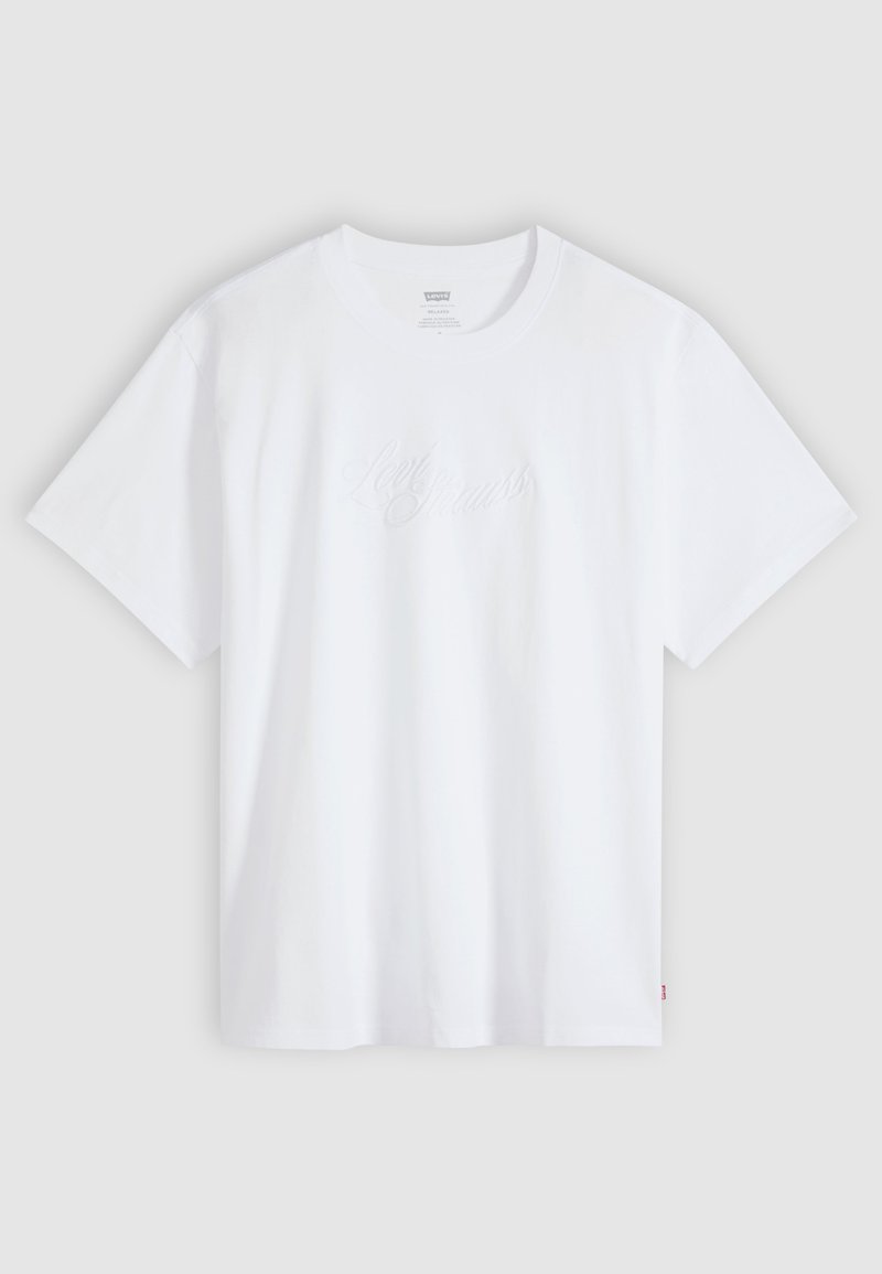 White short-sleeve crew neck T-shirt with subtle embossed script logo centered on the chest and a small red brand tag on the side.