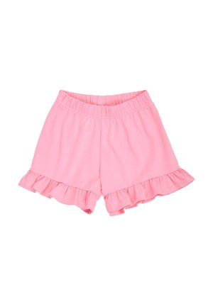 Short rose à taille élastique avec des ourlets à volants, fabriqué en tissu doux, adapté pour une tenue décontractée ou comme vêtement de nuit.