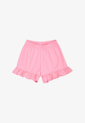 Pink shorts med elastisk talje og flæsekant, lavet af blødt stof, velegnet til hverdag eller nattøj.
