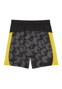 Costumul de baie în nuanțe de negru și gri, cu un model hexagonal și panouri laterale galbene. Dispune de un talie elastică pentru confort.