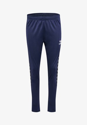 Pantalons de sport navy avec taille élastique, tissu lisse, coupe fuselée, présentant des bandes latérales dans un motif contrastant et un logo.