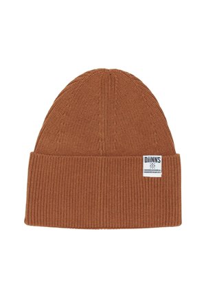 Brown knit beanie hat with textured vertical ribbing and a folded cuff. Features a white brand patch on the side.