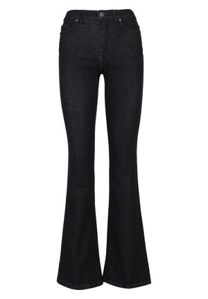 Zvonové černé džíny vyrobené z džínoviny s vysokým pasem, mají zapínání na knoflík, přední kapsy a hladkou texturu.