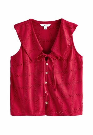 Rote ärmellose Bluse mit Lochmuster, großem Kragen, Knöpfen vorne und Bindeband am Ausschnitt.