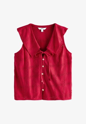 Czerwona bluzka bez rękawów z ażurowym wzorem, dużym kołnierzem, guzikami z przodu i wiązaniem przy dekolcie.