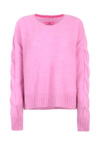 Rosa Pullover mit strukturiertem Strick, Zopfmuster an den Ärmeln und geripptem Saum. Mit "Liebe" bestickt auf der Vorderseite.