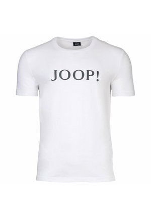T-shirt en coton blanc avec des manches courtes et un col rond, avec "JOOP!" imprimé en lettres grises en gras sur le devant.