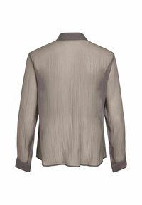 Transparante grijze blouse met een gestructureerd oppervlak en lange mouwen, voorzien van een kraag en contrasterende manchetten, ontworpen voor een losse pasvorm.
