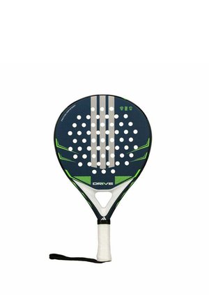 Padel racket with a round head, dark blue surface, white grip, and green accents. Features holes and three vertical stripes at the top.