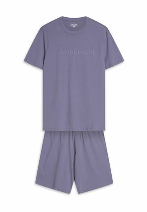 Purple cotton pajama set featuring a short-sleeve shirt with "HENDERSON" embossed and matching elastic waist shorts. Smooth texture throughout.