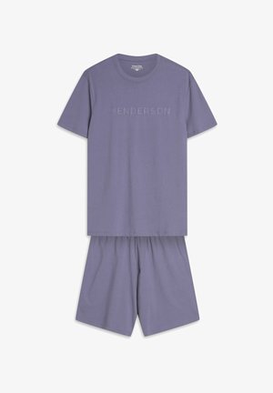 Purple cotton pajama set featuring a short-sleeve shirt with "HENDERSON" embossed and matching elastic waist shorts. Smooth texture throughout.