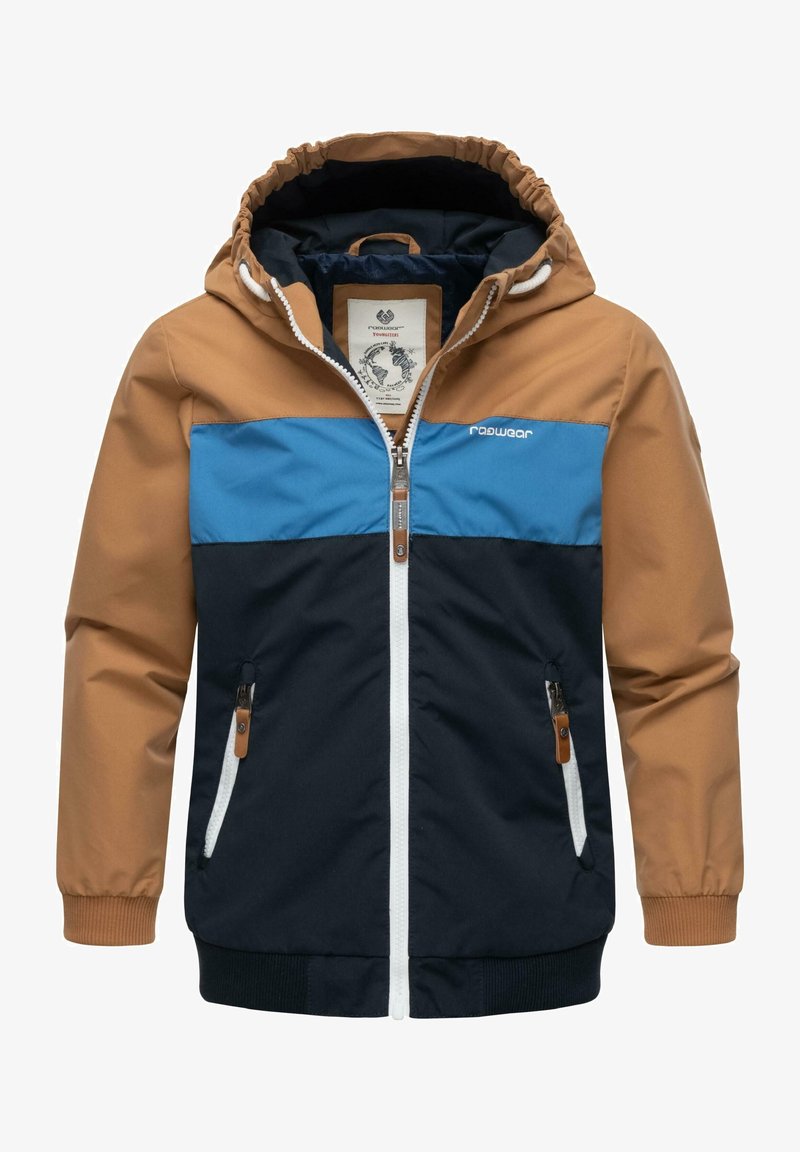 Veste coupe-vent trois couleurs marron, bleu et marine avec capuche. Présente une fermeture éclair à l'avant, des poignets élastiques et des poches latérales avec des accents en cuir.