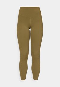High-waisted olive green leggings made of smooth, stretchy fabric with a fitted design and flatlock seams for comfort.