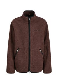 Hnedá fleece bunda s vysokým golierom, čiernymi zipsami, bočnými vreckami a textúrovaným povrchom. Obsahuje decentné logo na prednej strane.