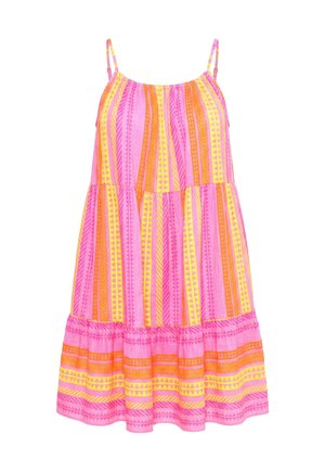 Mouwloze, casual jurk met dunne bandjes in roze, oranje en gele verticale en horizontale geometrische patronen, met een gerimpelde zoom.