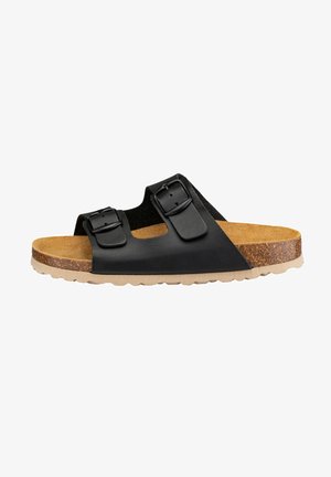 Schwarze Leder-Schlittensandale mit zwei verstellbaren Schnallen, Korkfußbett und strukturiertem Gummisohle. Mit einem breiten, offenen Zehen-Design.