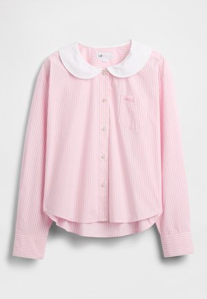 Pink striped long-sleeve shirt with a white Peter Pan collar, button front, and a chest pocket. Soft fabric with a slightly curved hem.