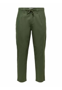 Groene, lichte broek met een losse pasvorm, voorzien van een trekkoord in de taille, twee zijzakken en een gladde textuur.