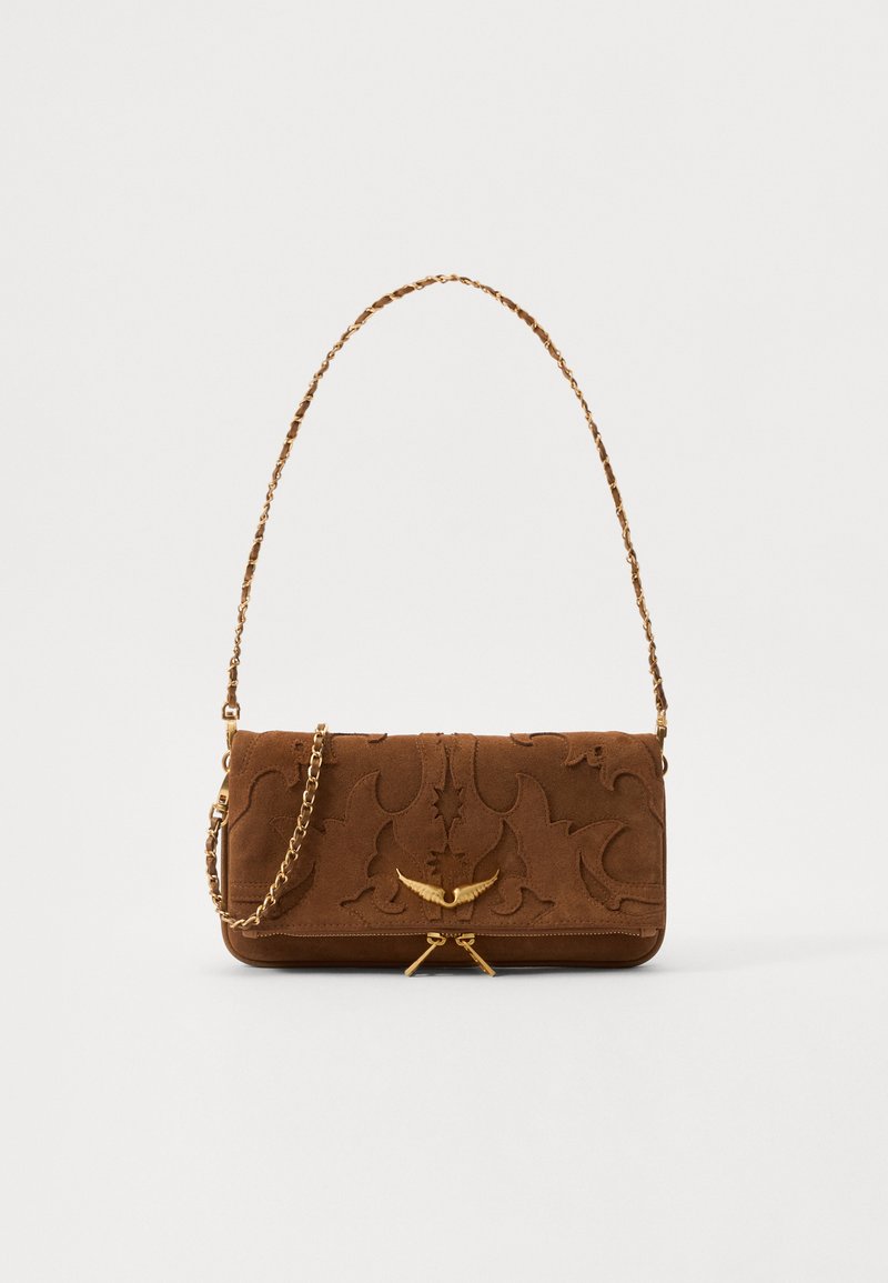 Brown suede shoulder bag with embossed floral pattern, gold-tone hardware, and a chain strap. Rectangular shape with a top flap closure.