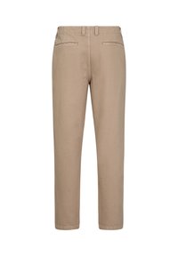 Beige bomuldsbukser med lige ben, der har to baglommer og subtile syninger. Glat tekstur med et klassisk design.