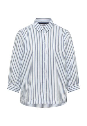 Chemise blanche à boutons avec des rayures verticales bleues, manches longues et col pointu, étiquette de marque "Cecil" visible à l'intérieur du col.