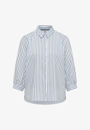 Chemise blanche à boutons avec des rayures verticales bleues, manches longues et col pointu, étiquette de marque "Cecil" visible à l'intérieur du col.