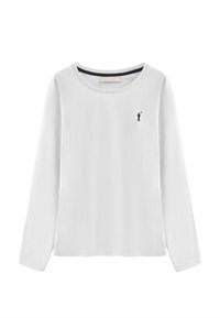 T-shirt bianco a maniche lunghe in cotone. Presenta un collo rotondo e un piccolo logo nero di un golfista sul lato sinistro del petto.