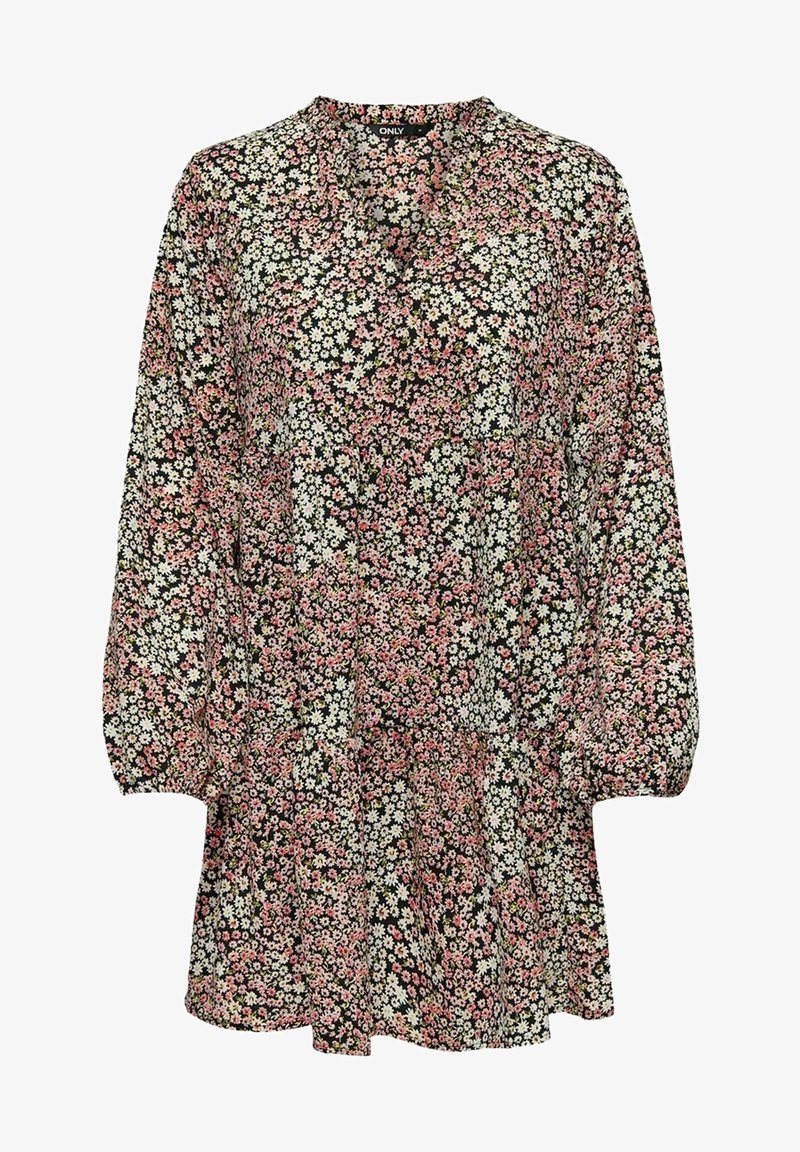 Schwarzes Blümchenkleid mit einem dichten Muster aus weißen und rosafarbenen Blumen, langen Ärmeln, einem runden Ausschnitt und einem gestuften Rockdesign.