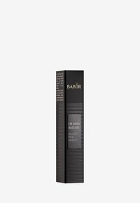 Tube de mascara rectangulaire noir avec des lignes en relief, étiqueté "MASCARA À SOURCILS" en blanc à l'avant, présentant un logo doré en haut.