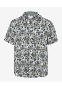 Camisa de manga corta abotonada con un patrón floral de hojas verdes y azules sobre un fondo claro, que presenta un collar y un ajuste relajado.