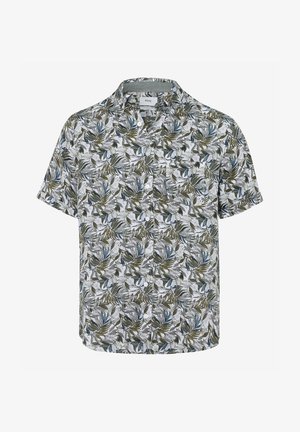 Camisa de manga corta abotonada con un patrón floral de hojas verdes y azules sobre un fondo claro, que presenta un collar y un ajuste relajado.