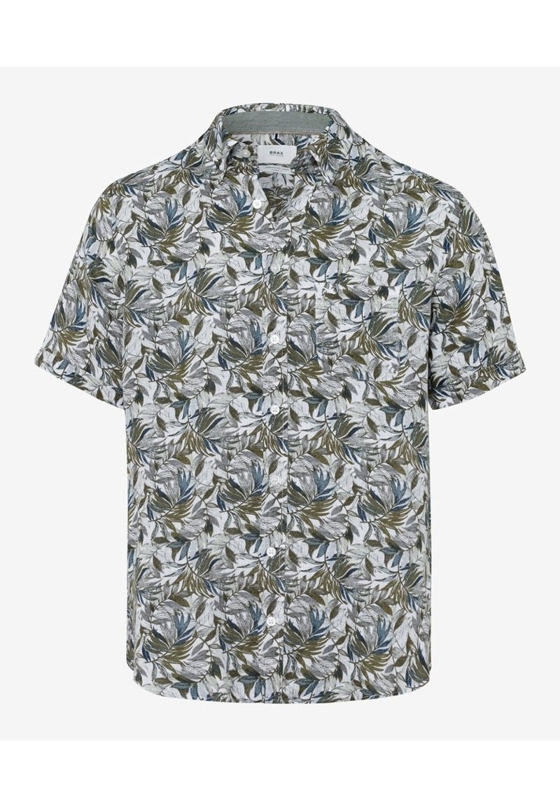 Camisa de manga corta abotonada con un patrón floral de hojas verdes y azules sobre un fondo claro, que presenta un collar y un ajuste relajado.