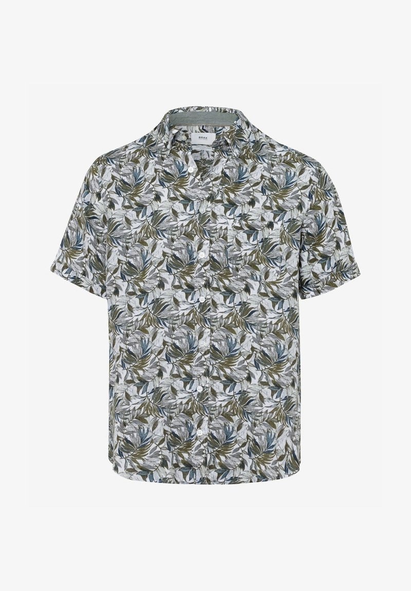 Chemise à manches courtes avec un motif floral à feuilles vertes et bleues sur un fond clair, dotée d'un col et d'une coupe décontractée.