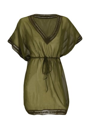 Tunique vert olive semi-transparente à manches courtes, col en V, bordure décorative et ceinture fine à la taille.
