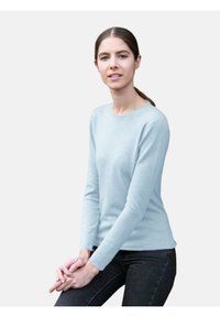 Pull bleu clair à manches longues en tissu doux, avec un col rond et une silhouette ajustée, porté avec un jean foncé.