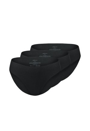 Drei nahtlose schwarze Damen-Slips mit mittlerer Bundhöhe, Größe Medium, aus glattem Stoff ohne sichtbare Nähte, gestapelt.