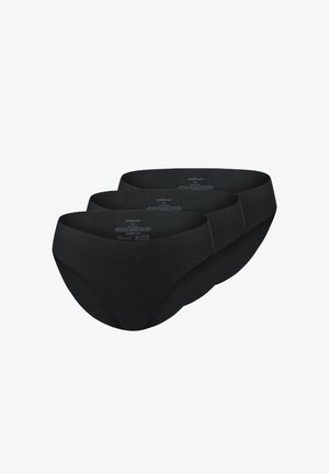 Drei nahtlose schwarze Damen-Slips mit mittlerer Bundhöhe, Größe Medium, aus glattem Stoff ohne sichtbare Nähte, gestapelt.