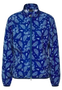 Modrá bunda s paisley vzorem, vysokým límcem, zapínáním na zip vpředu, elastickými manžetami a mírným leskem. Materiál vypadá lehký a hladký.