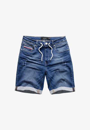 Dunkelblaue Denim-Shorts mit umgeschlagenen Säumen, ausgestattet mit einem Kordelzug, Fronttaschen und subtilen Used-Effekten für Struktur.