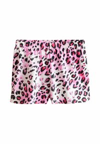Rosa och vita shorts med leopardmönster och elastisk midja, med svarta fläckar och en mjuk, lätt tygtextur.