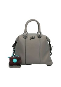 Grijze leren handtas met een afgeronde顶部, twee handvatten en een afneembare pouch met een rood en zwart patroon met een blauw logo.