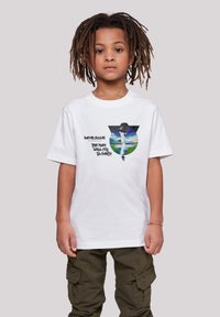 White short-sleeve t-shirt featuring a graphic design inspired by David Bowie's "The Man Who Fell to Earth," with colorful imagery and text.