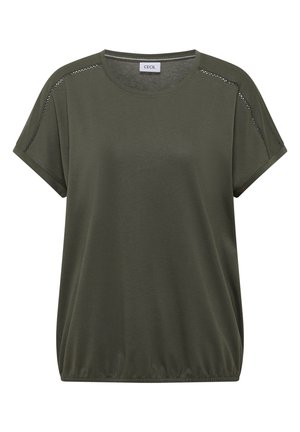 Olijfgroene blouse met korte mouwen en ronde hals, met kantdetail langs de schouders en een elastische zoom van het merk Cecil.