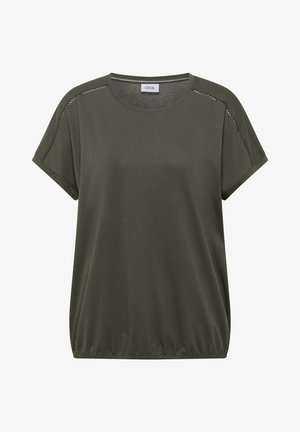 Oliivinvihreä, lyhythihainen pusero pyöreällä kaula-aukolla, pitsikoristelu olkapäillä ja joustava helma, merkiltä Cecil.