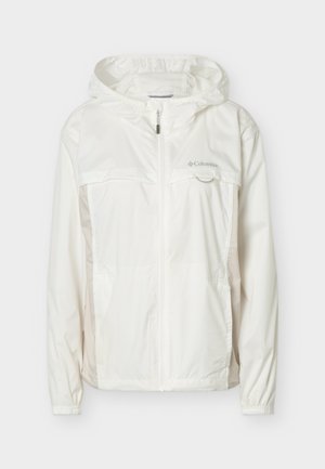 Λευκό ελαφρύ μπουφάν Columbia με κουκούλα, μπροστινό φερμουάρ, ελαστικά μανίκια και πλαϊνές τσέπες, εμφανίζεται σε απλό φόντο.