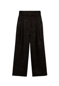 Pantalones de pierna ancha hechos de tejido negro texturizado, con una cinturilla alta y pliegues frontales para un mayor volumen y estilo.