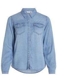 Light blue denim shirt with a button-up front, long sleeves, and two chest pockets. Features a classic collar and curved hem.